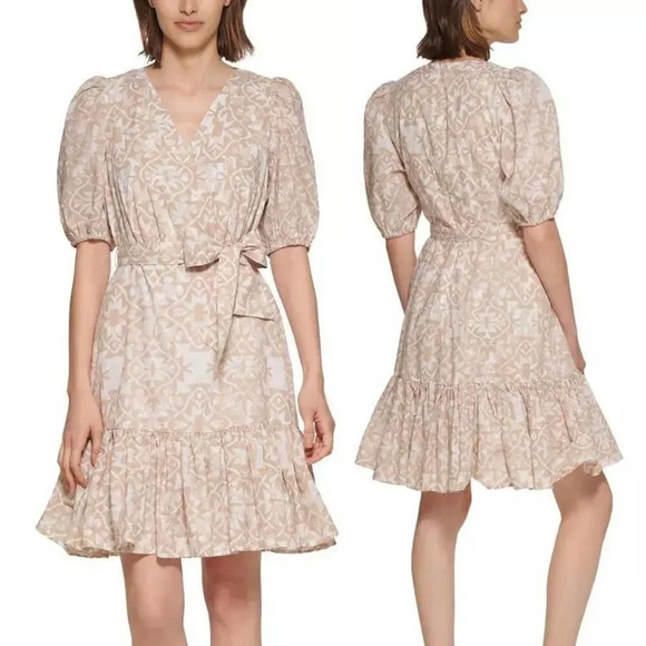 Calvin Klein Cream Tan Print Puff Sleeve Fit & Flare Dress 22324 - Picture 1 of 15